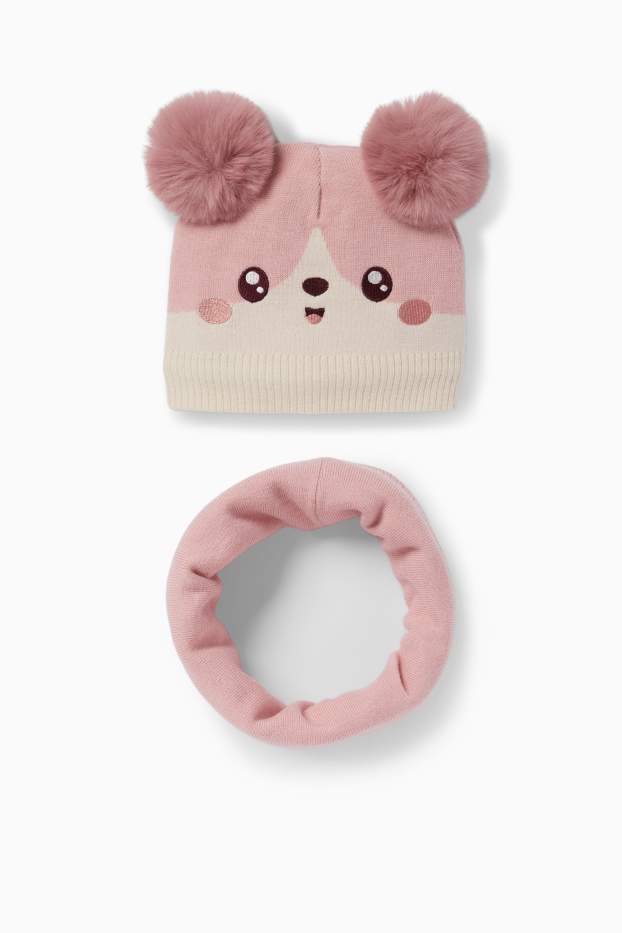Children Girls - Kawaii - set - pom-pom hat and snood - 2 piece - rose