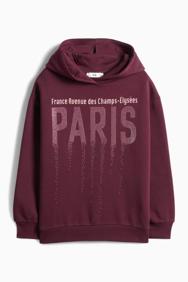 Děti - dívky - Paris - mikina s kapucí se štrasovými kamínky - bordeaux