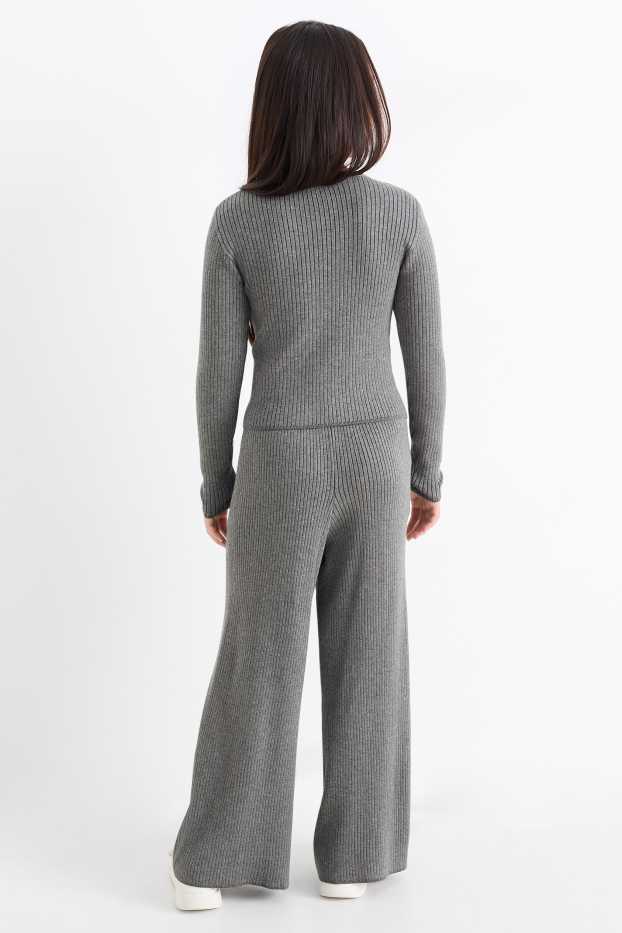 Children Girls - Set - long sleeve top and jersey trousers - ribbed - 2 piece - dark gray
