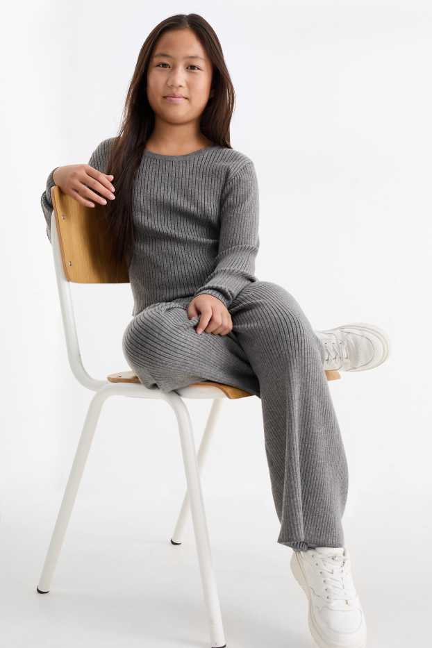 Children Girls - Set - long sleeve top and jersey trousers - ribbed - 2 piece - dark gray