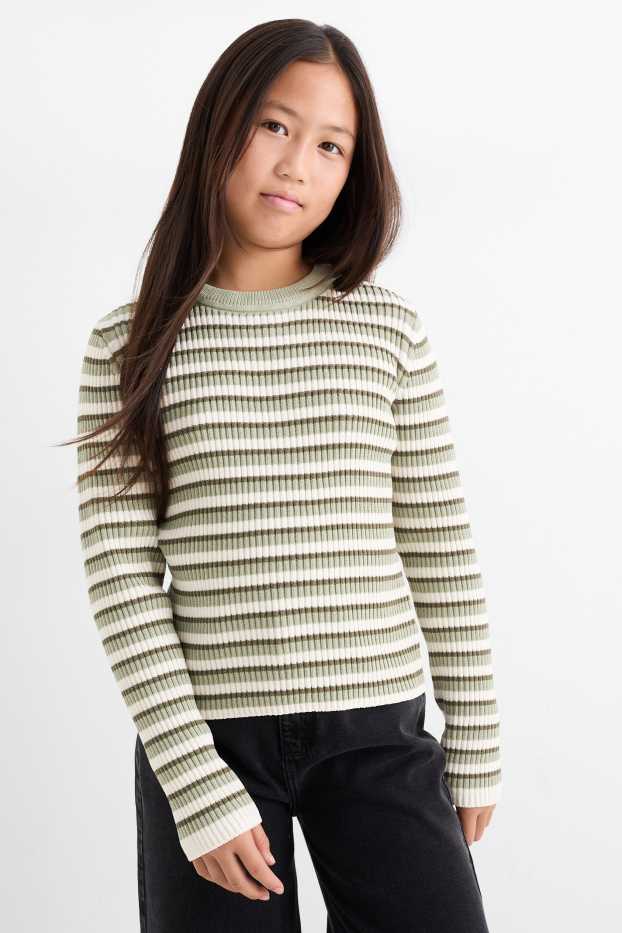 Children Girls - Chenille jumper - ribbed - striped - light green