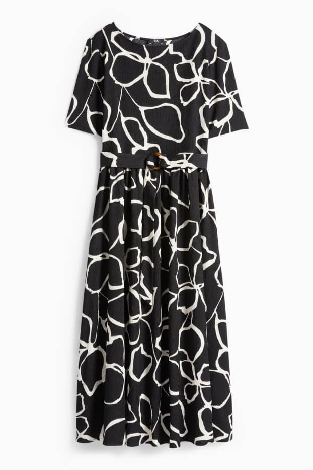 Dámské - Šaty fit & flare s páskem - s květinovým vzorem - strukturované - černá/bílá