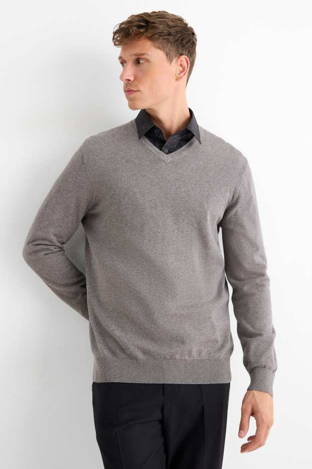 Herren - Set - Pullover mit V-Ausschnitt und Businesshemd - 2 teilig - grau