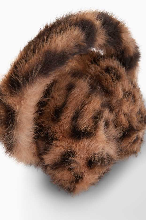 Damen - Kunstfell-Ohrenwärmer - Leo-Print - schwarz / beige