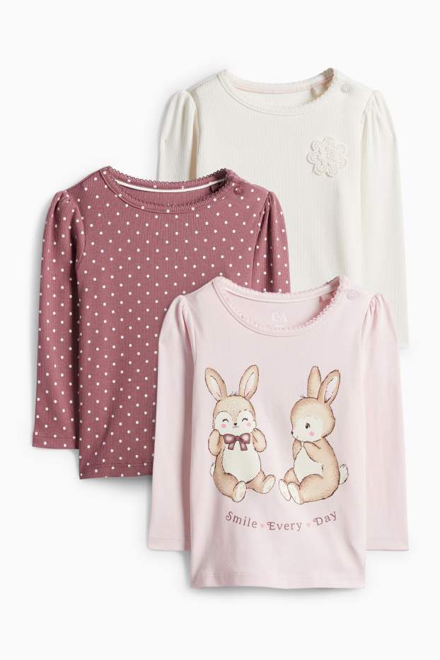 Miminka - dívky - Multipack 3 ks - zajíčci a květina - tričko s dlouhým rukávem pro miminka - krémově bílá