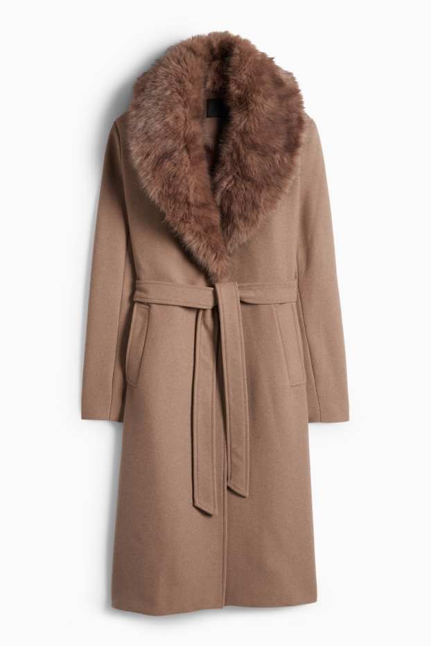 Femmes - Manteau avec garniture en imitation fourrure - marron clair