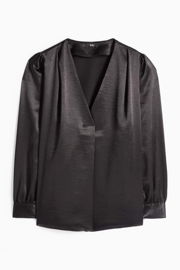 Damen - Satin-Bluse mit V-Ausschnitt - schwarz