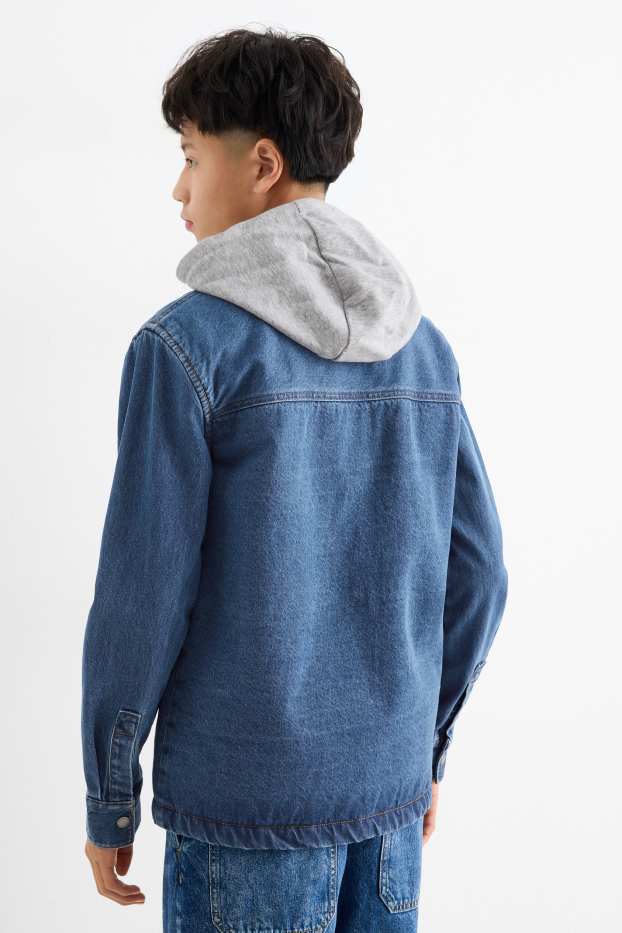 Kinder Buben - Jeans-Hemdjacke mit Kapuze - jeansblau