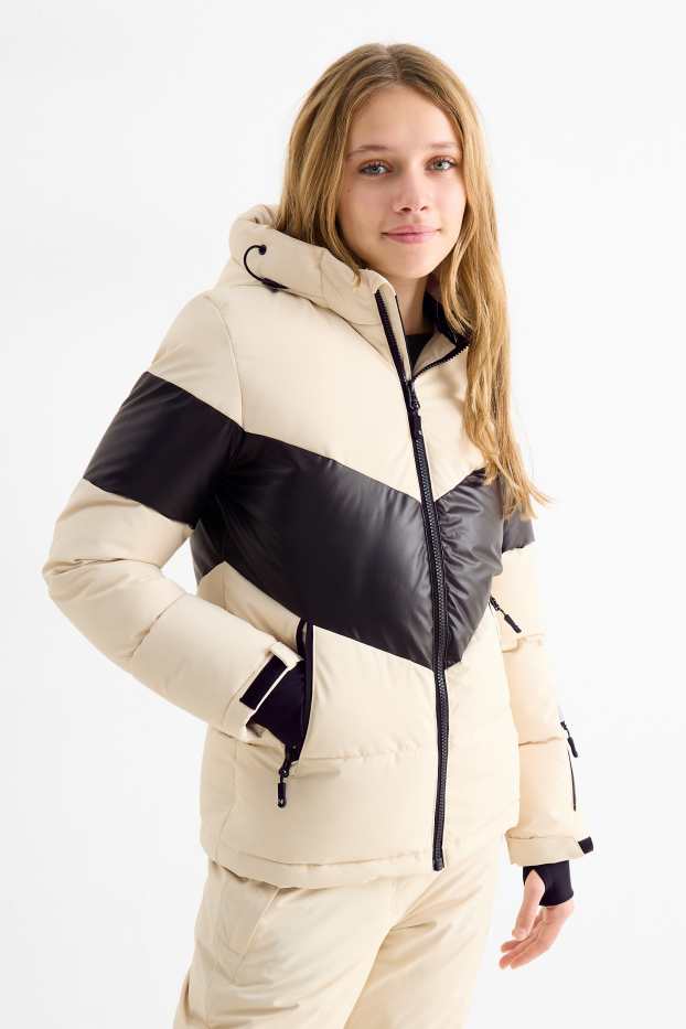 Niñas - Chaqueta de esquí con capucha - hidrófuga - negro / beis