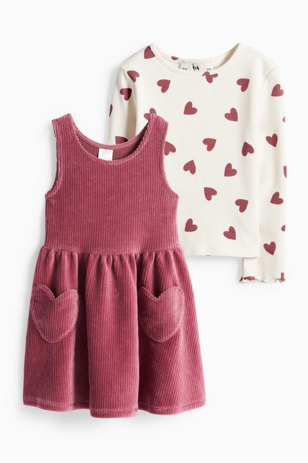 Kinder Mädchen - Herz - Set - Langarmshirt und Samt-Kleid - gerippt - bordeaux