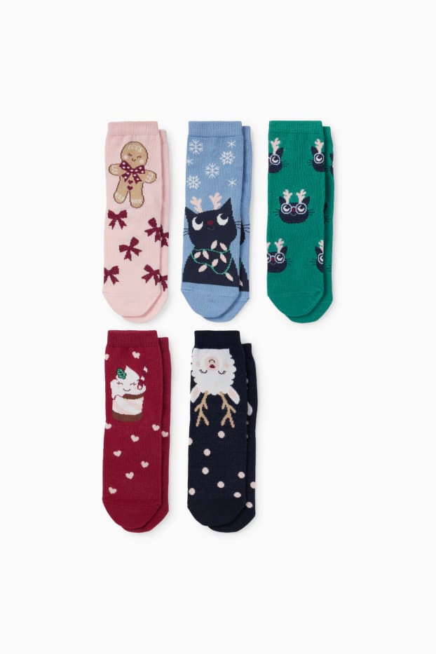 Kinderen: meisjes - Set van 5 paar - dieren - kerstsokken met motief - groen / donkerblauw