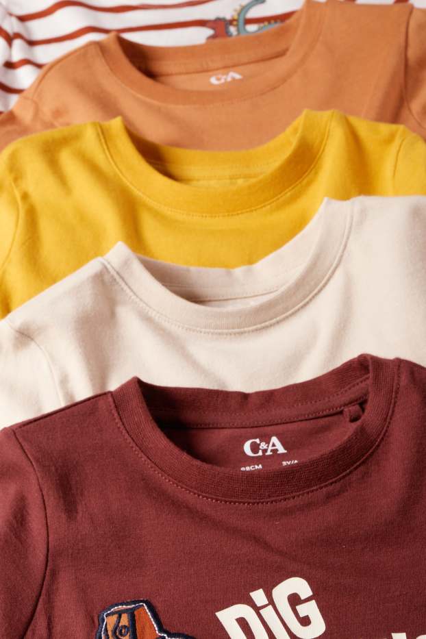 Kinderen: jongens - Set van 5 - dino en graafmachine - longsleeve - donkerbruin