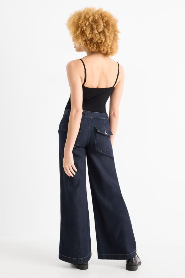 Women - Wide leg jeans - mid-rise waist - denim-dark blue