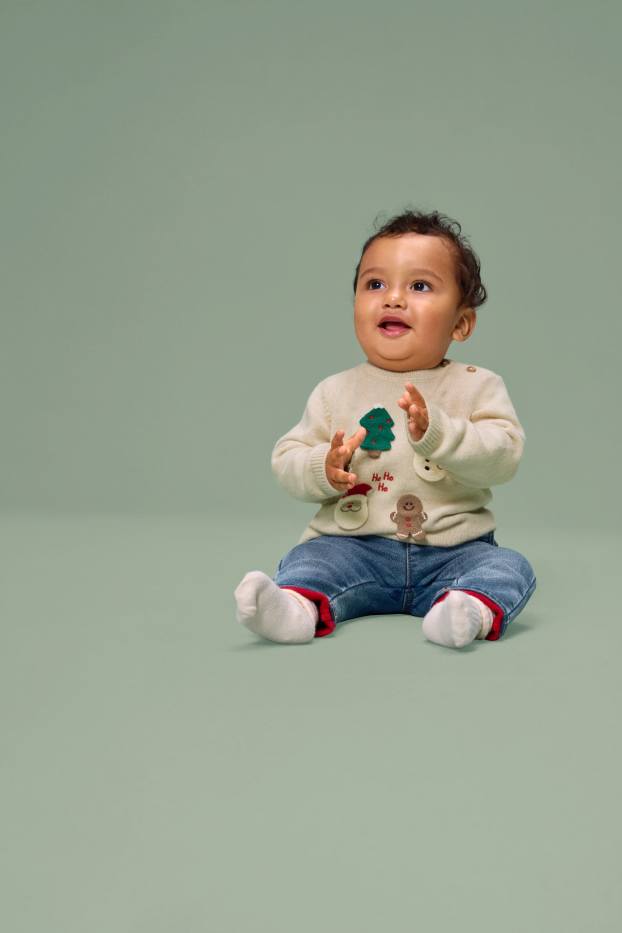 Baby Jungen - Weihnachtsmann - Baby-Weihnachtspullover - hellbeige