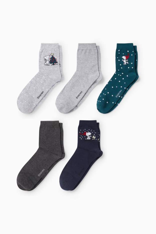 Women - Multipack of 5 - Christmas socks with motif - Peanuts - dark green