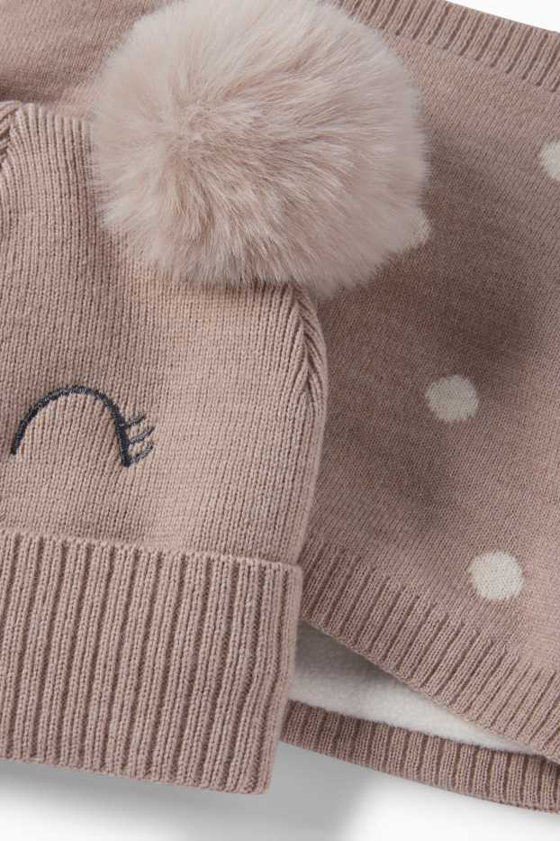 Children Girls - Kawaii - set - pom-pom hat and snood - 2 piece - beige
