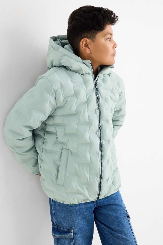 Děti - chlapci - Prošívaná bunda s kapucí - z vodoodpudivého materiálu - mátově zelená