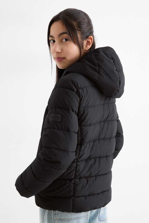 Děti - dívky - Prošívaná bunda s kapucí - z vodoodpudivého materiálu - černá