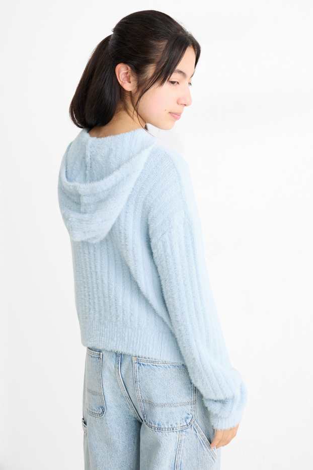 Bambine - Maglione con cappuccio - a coste - azzurro