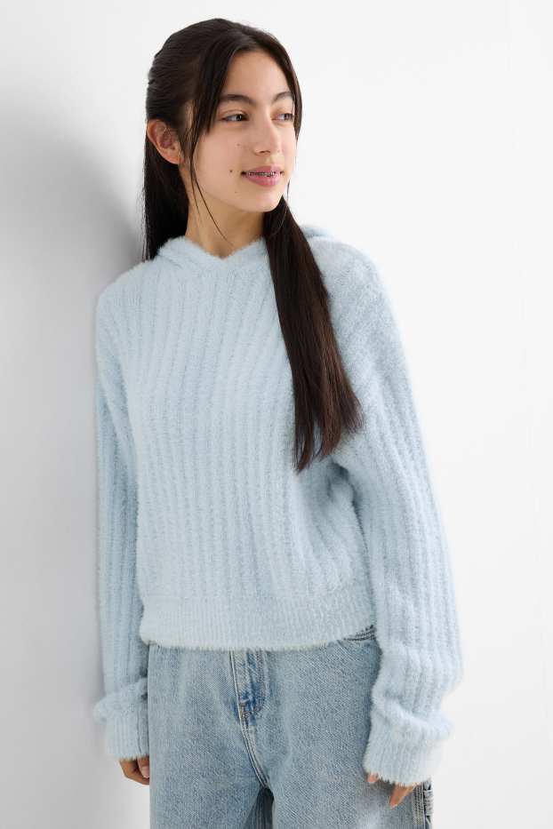 Bambine - Maglione con cappuccio - a coste - azzurro
