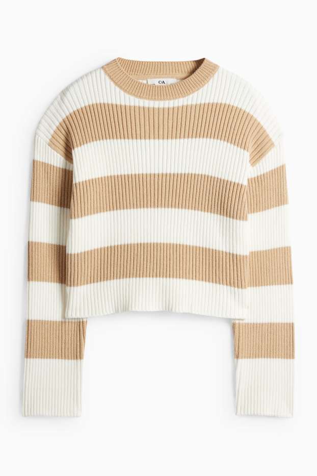 Děti - dívky - Svetr - žebrovaný - pruhovaný - béžová