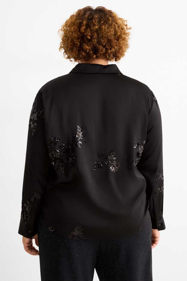 Donna - Blusa in raso - a fiori - brillante - nero