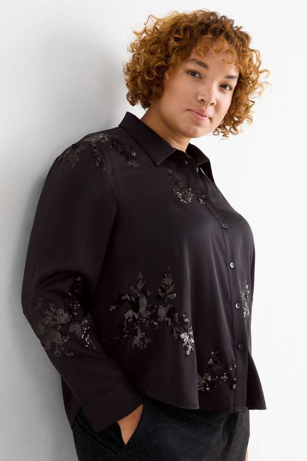 Women - Satin blouse - floral - shiny - black