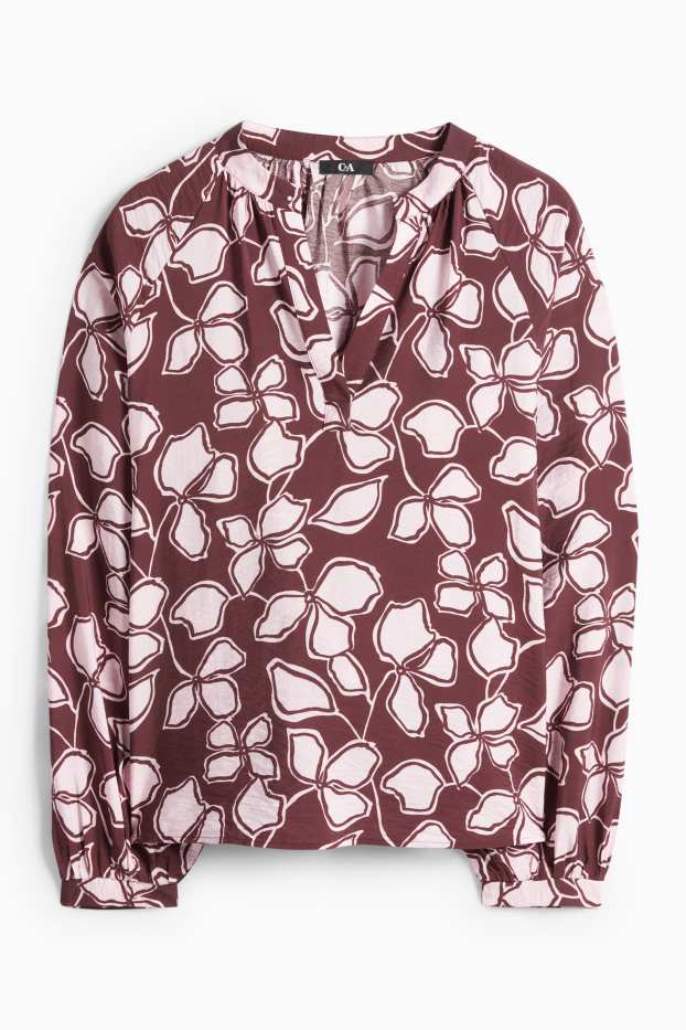 Dona - Brusa amb coll en punta - de flors - marró/rosa