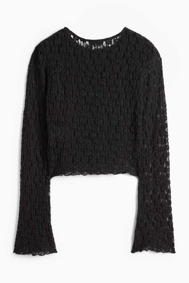 Dámské - Krátké krajkové tričko s dlouhým rukávem - slim fit - černá