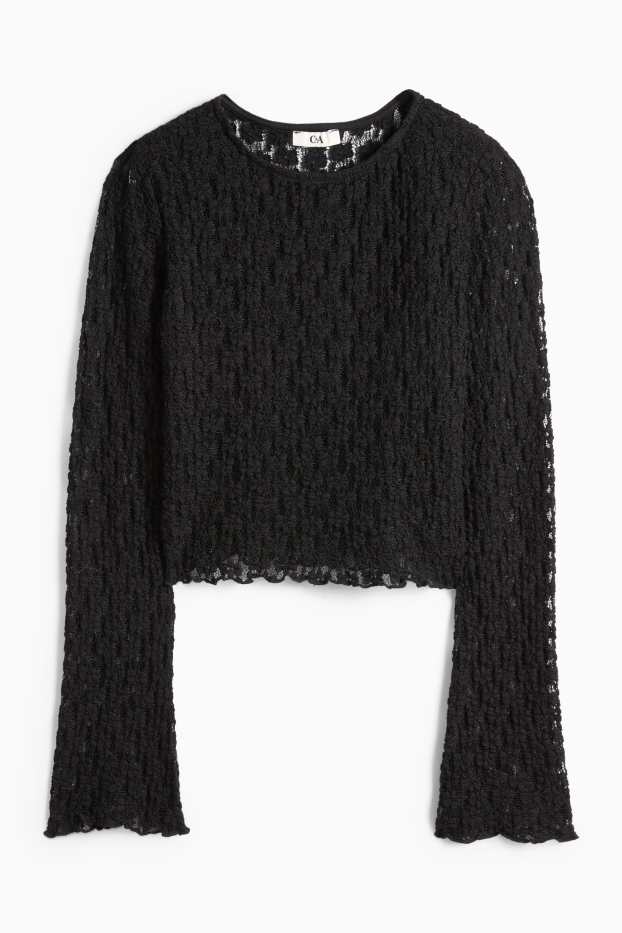 Dámské - Krátké krajkové tričko s dlouhým rukávem - slim fit - černá