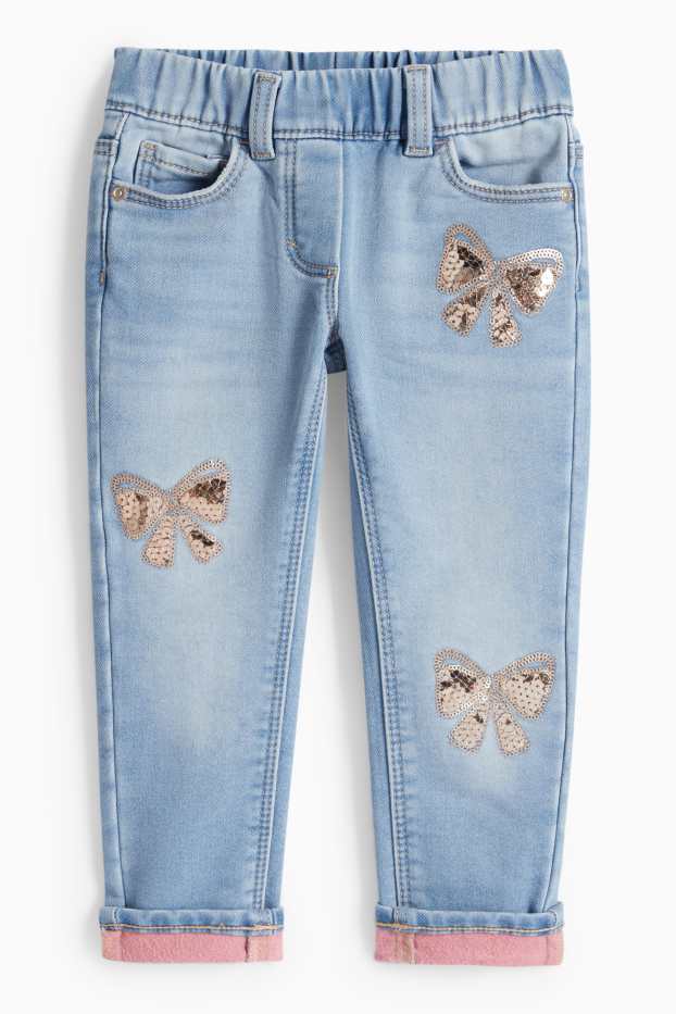 Children Girls - Bow - slim jeans - thermal jeans - blue denim