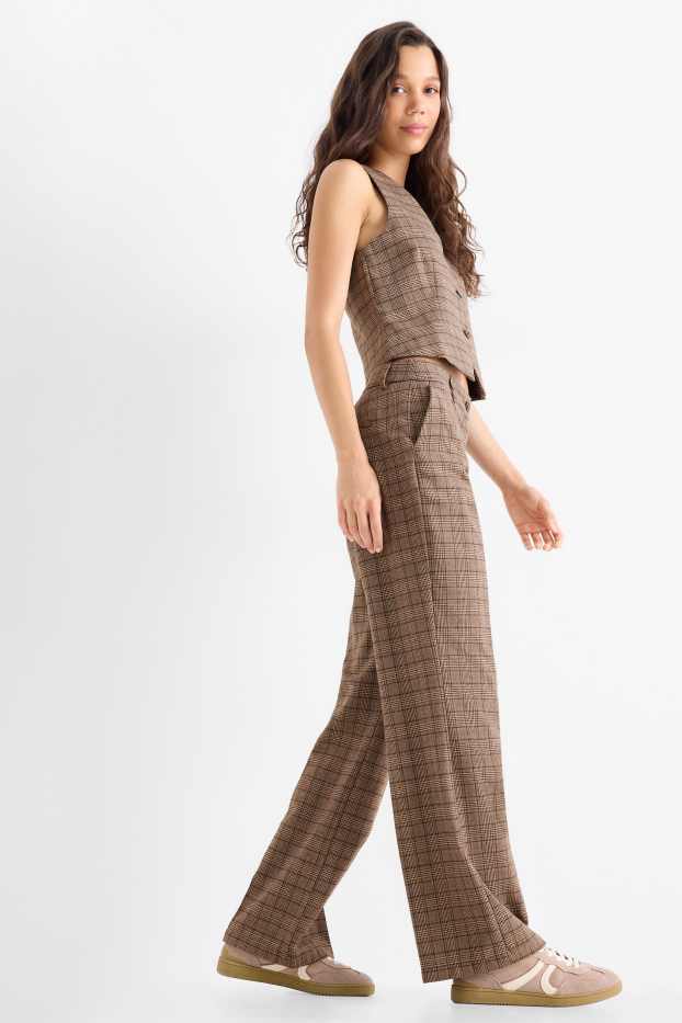 Femei - Pantaloni de stofă - talie medie - wide leg - în carouri - maro