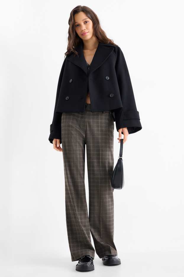 Femmes - Pantalon de toile - mid waist - wide leg - à carreaux - gris foncé