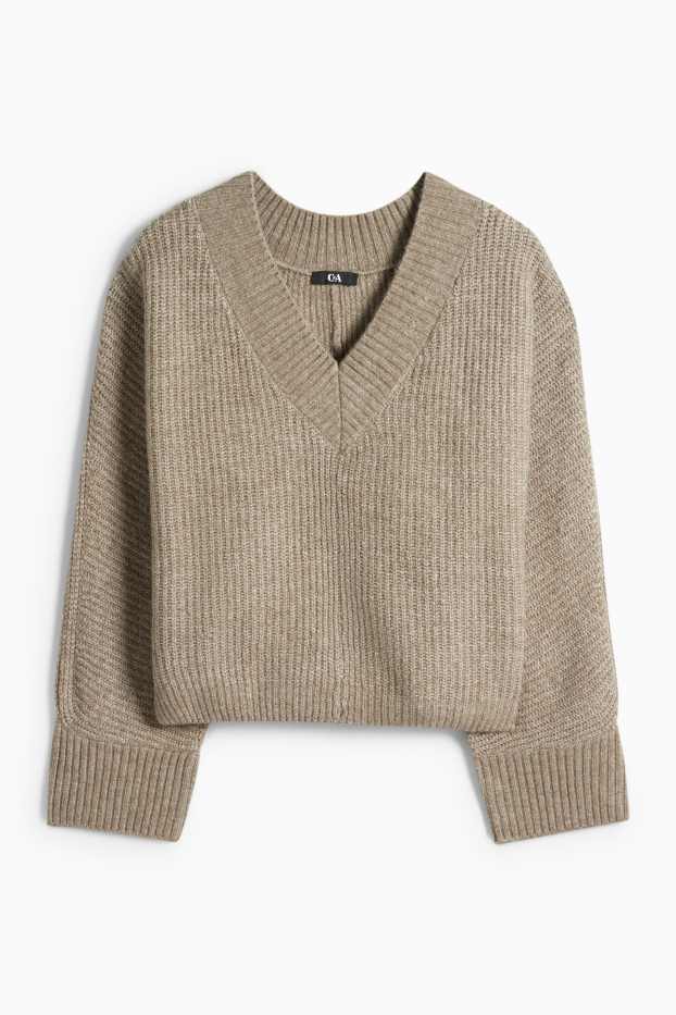 Damen - Pullover mit V-Ausschnitt - gerippt - beige