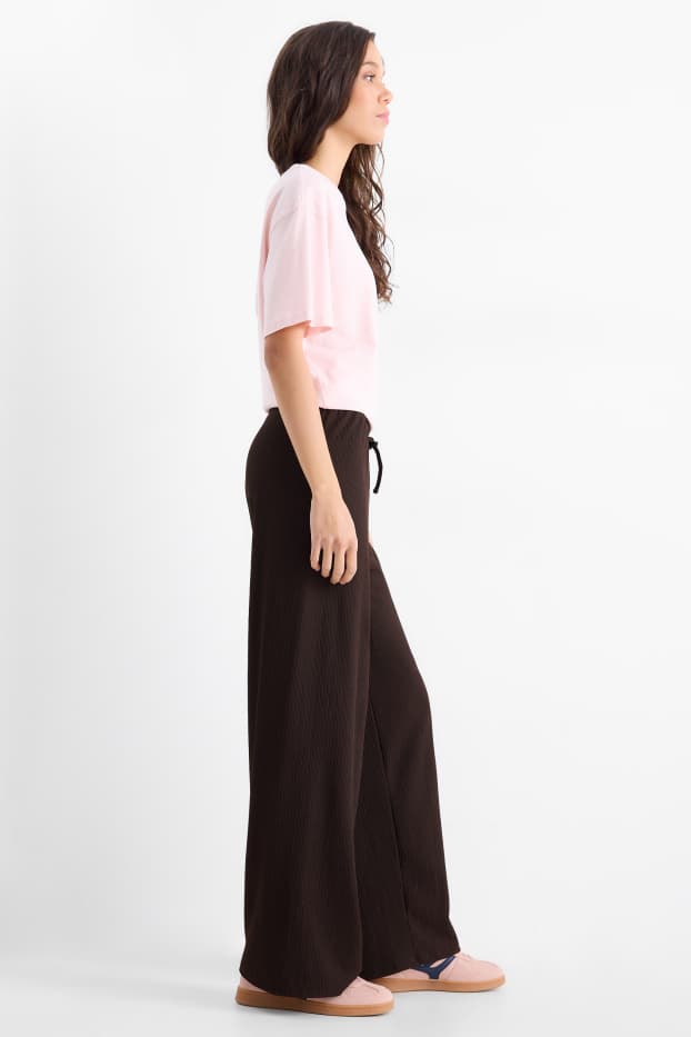Women - Jersey trousers - mid-rise waist - wide leg - textured - dark brown