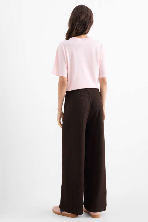 Women - Jersey trousers - mid-rise waist - wide leg - textured - dark brown