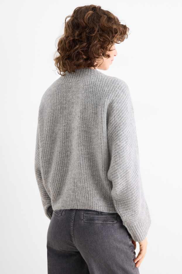 Femmes - Pull à col V - côtelé - gris clair chiné
