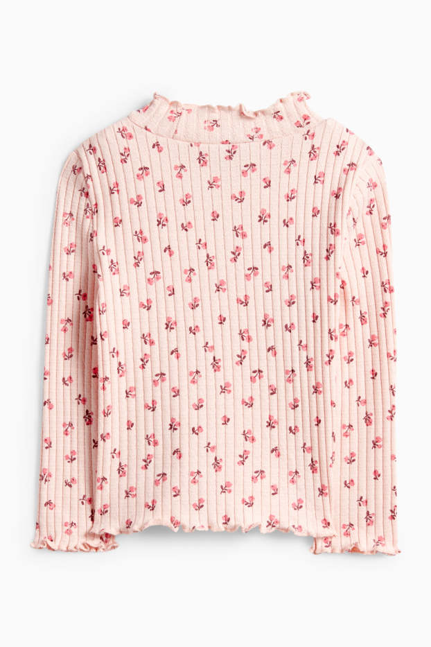 Děti - dívky - Tričko s dlouhým rukávem - žebrované - s květinovým vzorem - růžová
