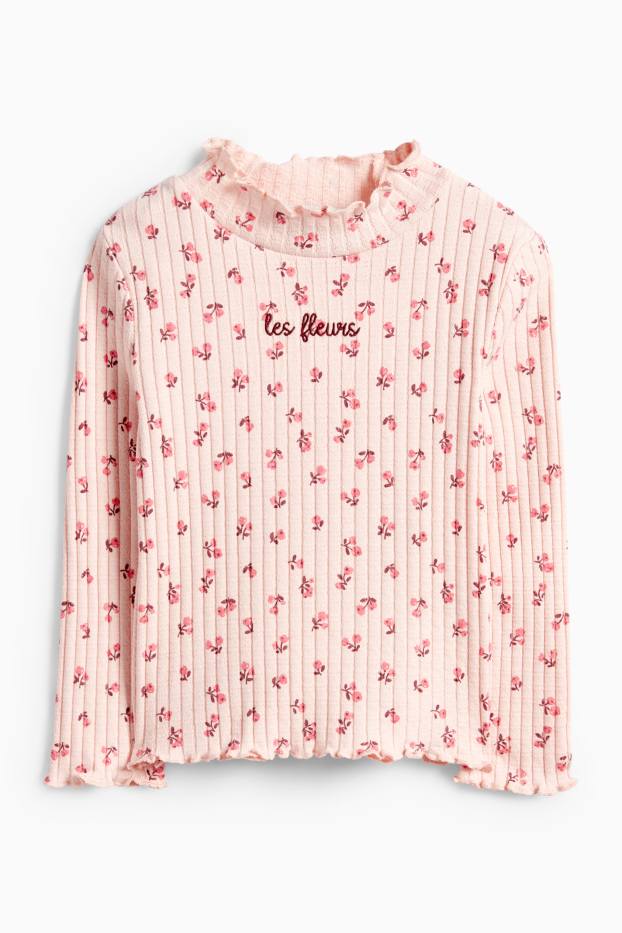 Děti - dívky - Tričko s dlouhým rukávem - žebrované - s květinovým vzorem - růžová