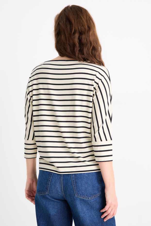 Dámské - Tričko s dlouhým rukávem basic - regular fit - pruhované - černá/béžová