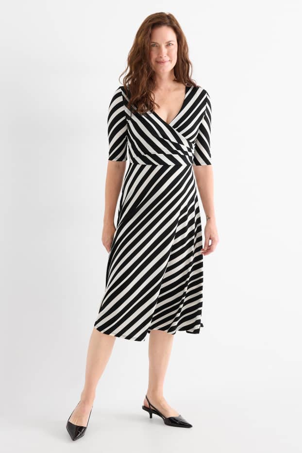 Women - V-neck dress - straight fit - striped - black / beige