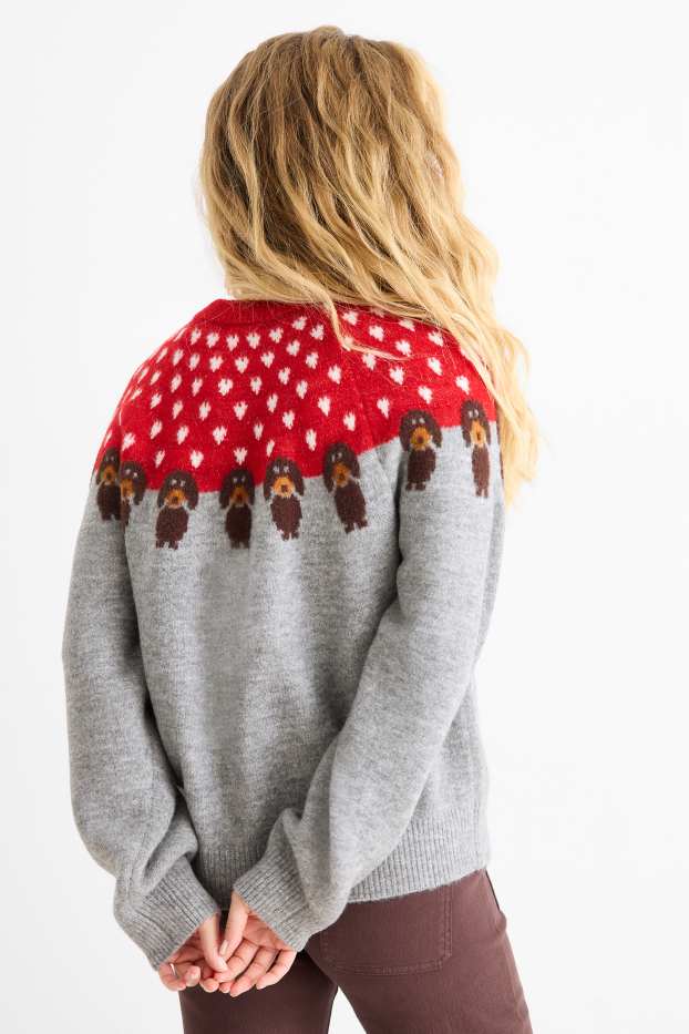 Dames - Trui - rood / grijs