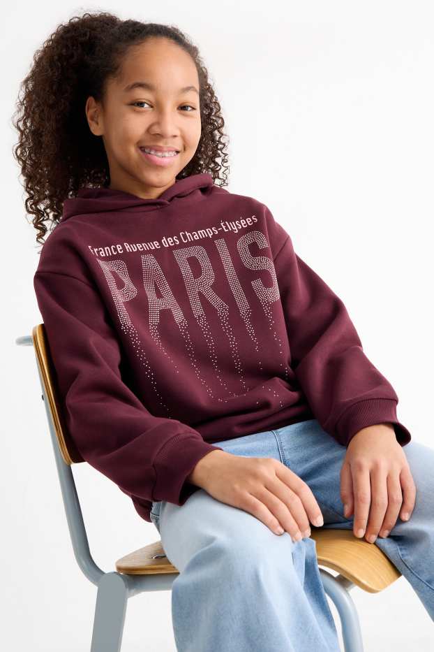 Enfants filles - Paris - sweat à capuche avec pierres de strass - bordeaux