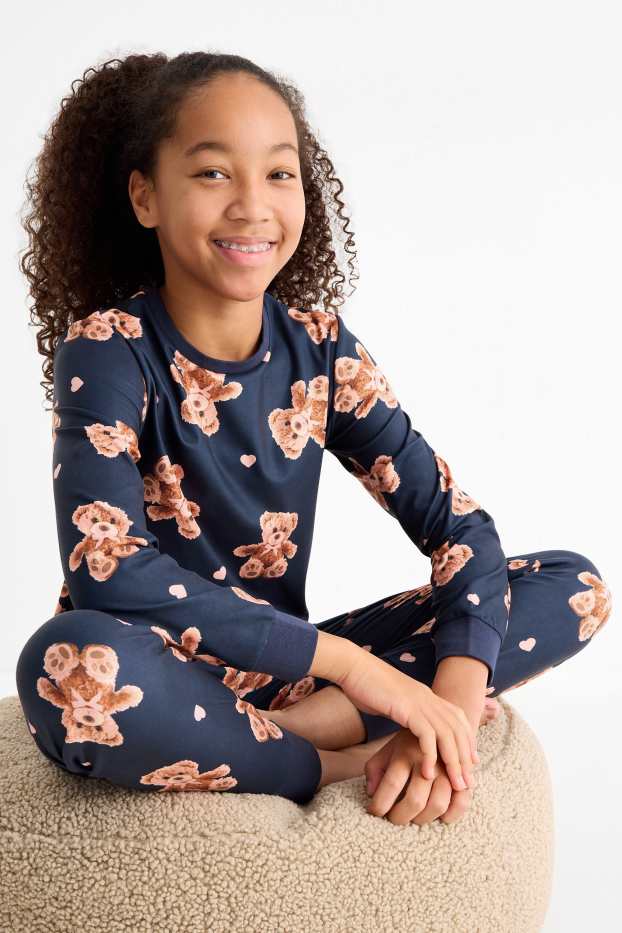Kinderen: meisjes - Teddybeer - pyjama - 2-delig - donkerblauw