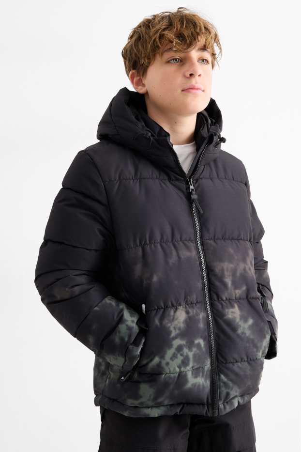 Enfants garçons - Veste de ski à capuche - déperlante - à motif - noir