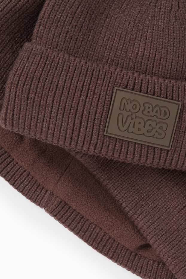 Děti - chlapci - Souprava - čepice a tunelová šála - 2dílná - žebrovaná - tmavohnědá