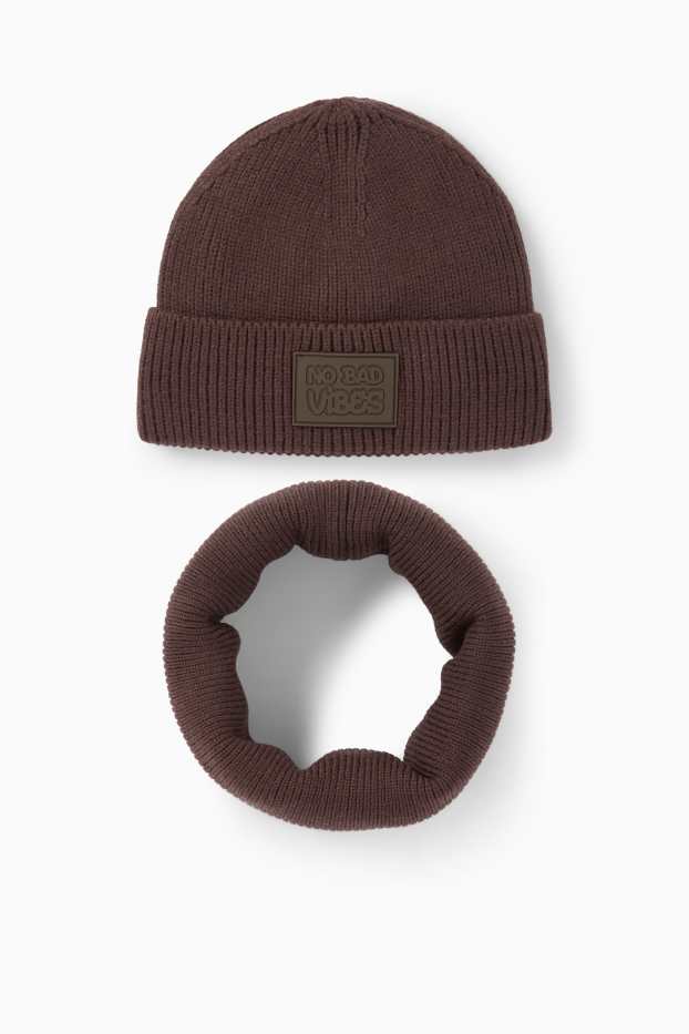 Děti - chlapci - Souprava - čepice a tunelová šála - 2dílná - žebrovaná - tmavohnědá