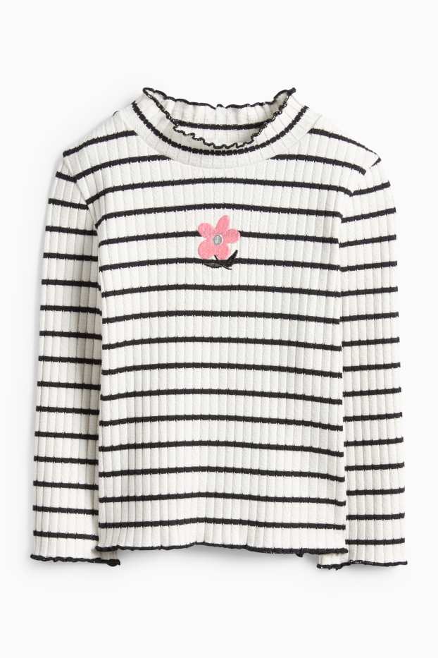 Copii - Fete - Floare -tricou cu mânecă lungă - reiat - cu dungi - negru / alb