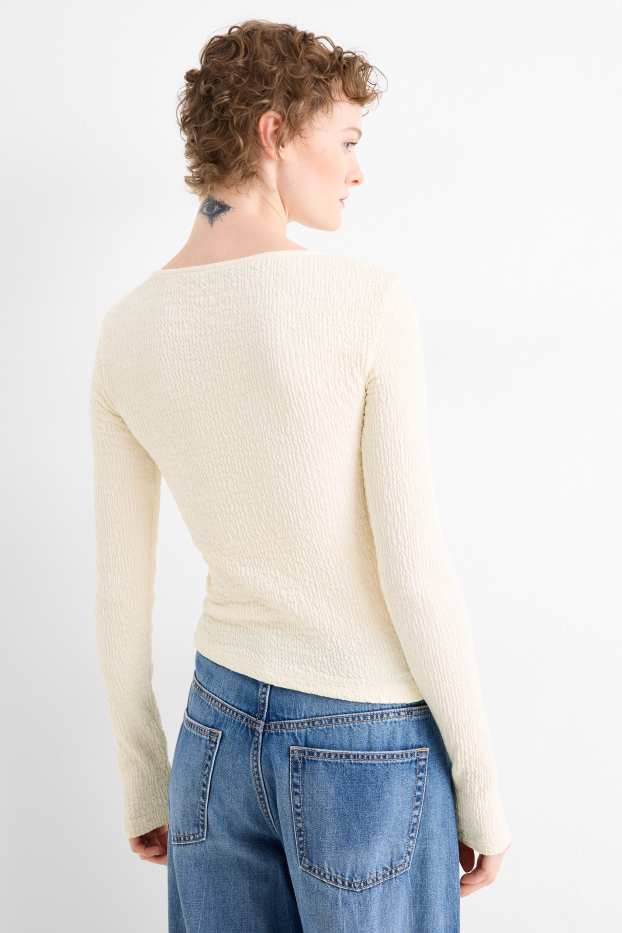 Femmes - Haut à manches longues - slim fit - texturé - blanc crème