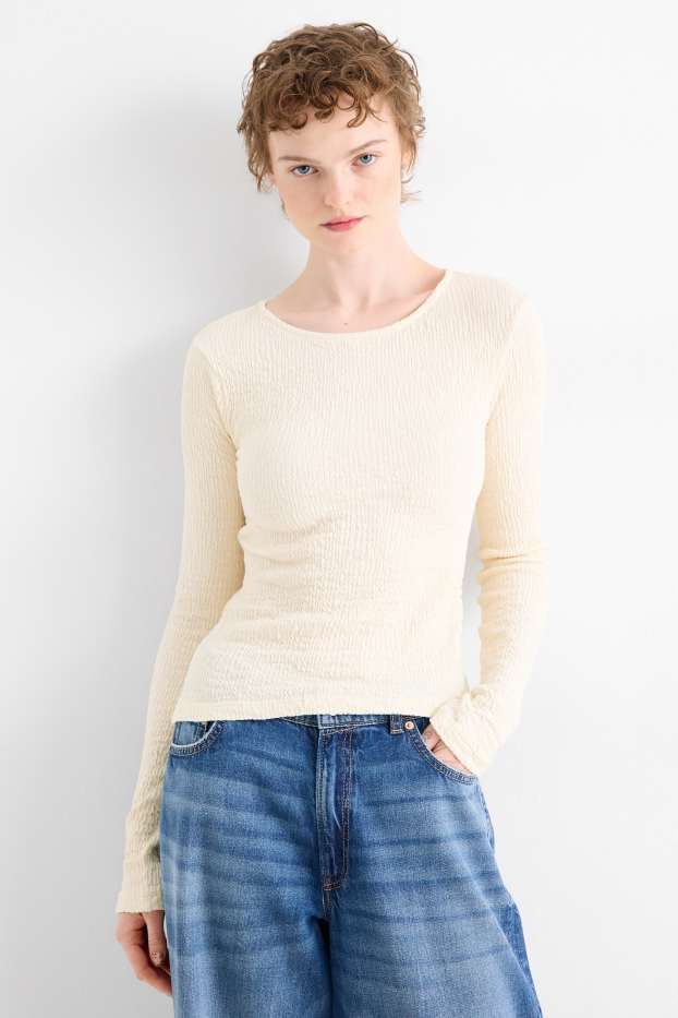 Femmes - Haut à manches longues - slim fit - texturé - blanc crème